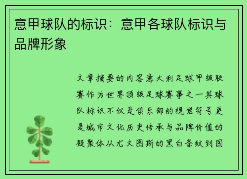 意甲球队的标识：意甲各球队标识与品牌形象