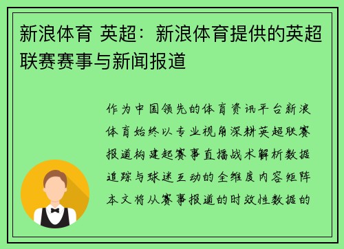 新浪体育 英超：新浪体育提供的英超联赛赛事与新闻报道